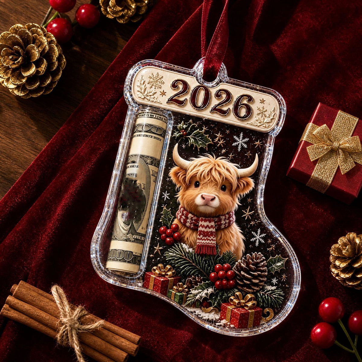 Christmas Cash Gift Stocking Shaped Ornament, Crystal-Clear Cash Holder Ornament with Xmas Stocking Design, Hanging Money Keepsake for Christmas Tree Wreath Garland, Surprise for Family Friends (F)