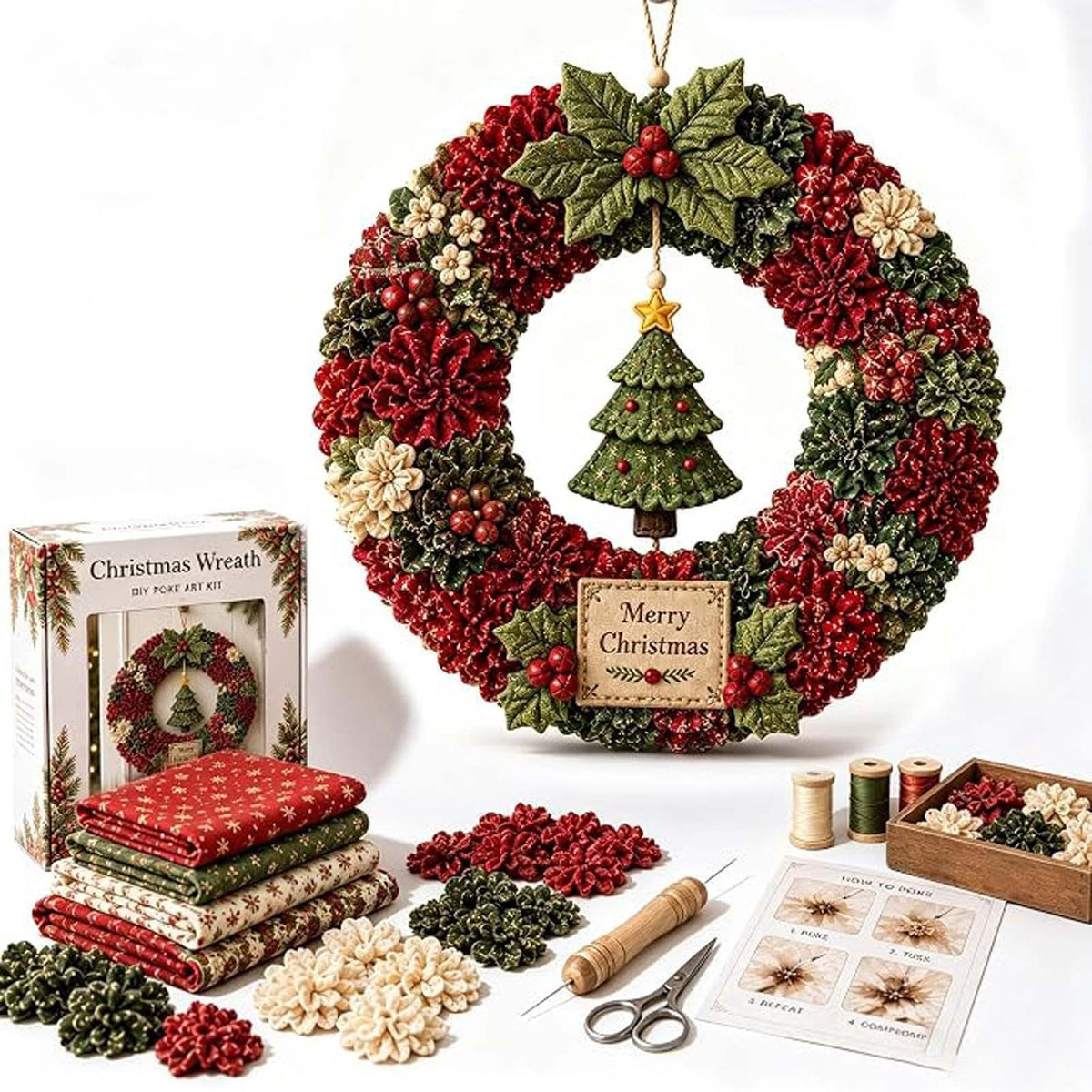 Clearance 3D Christmas Wreath Fabric Poke Art Kit, Jesus Poke Art Kits for Adults, Christmas Wreaths Ornament Making Kit for Front Door