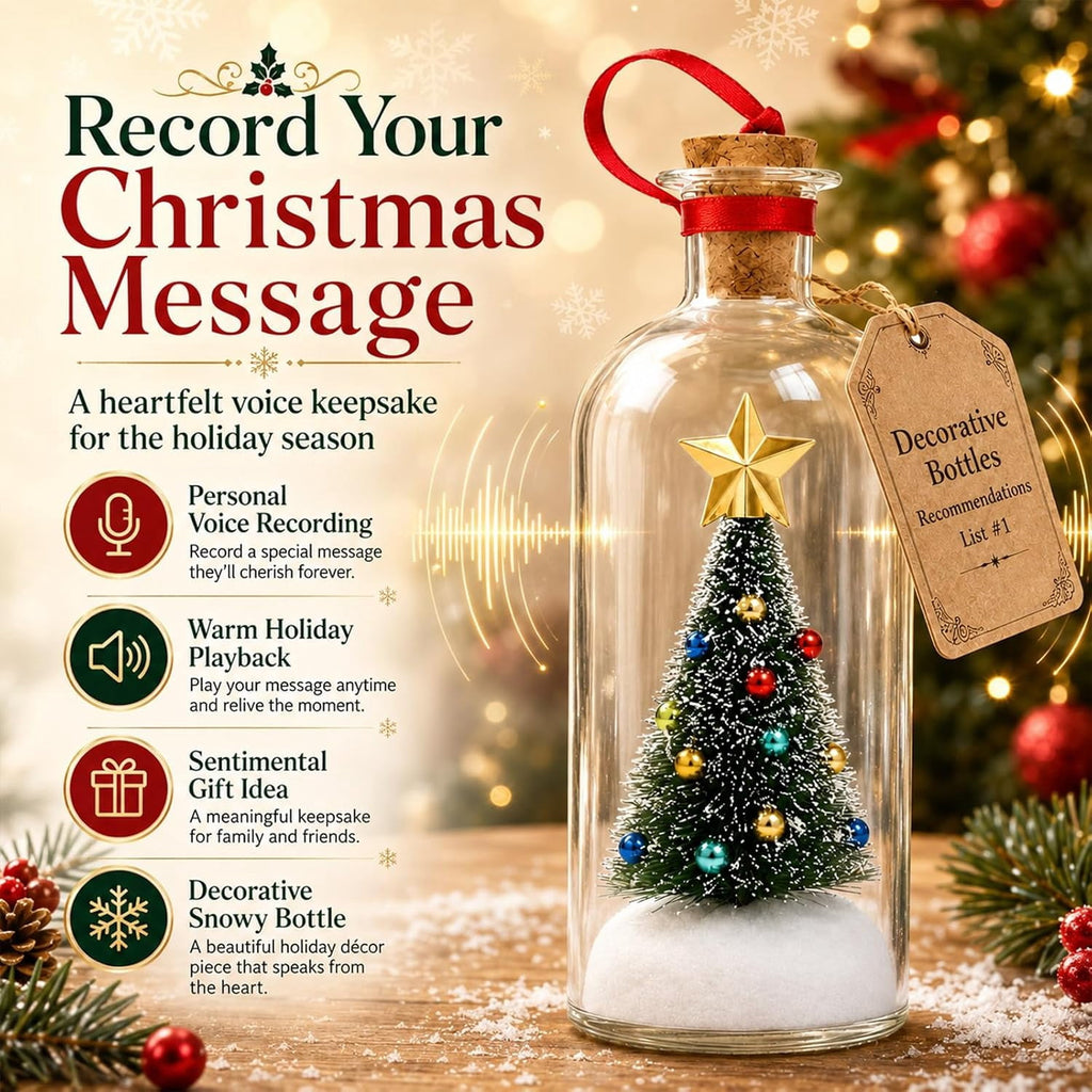 JASKFLY Recordable Christmas Tree Message in a Bottle, Voice Recording Holiday Keepsake with Playback, Snowy Scene, Glass, Green, 1 Count