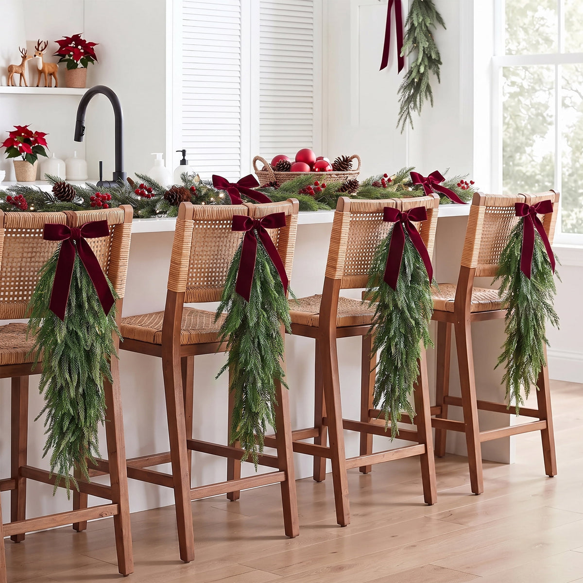 Leyaron Christmas Swags Decorations, 2 Pcs 30" Christmas Artificial Norfolk Pine Greenery Teardrop Wreath for Indoor Outdoor Table Mantle Fireplace Xmas Decor