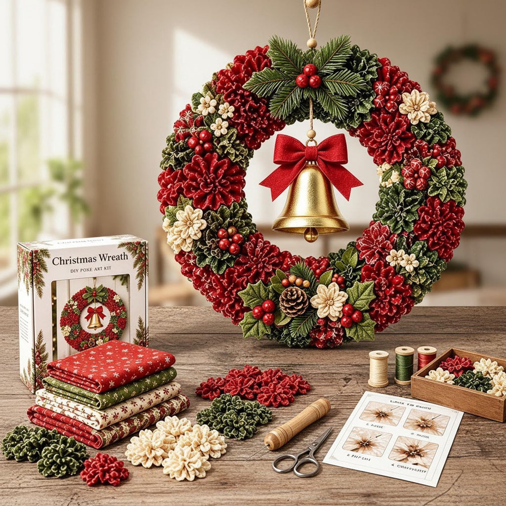 Clearance 3D Christmas Wreath Fabric Poke Art Kit, Jesus Poke Art Kits for Adults, Christmas Wreaths Ornament Making Kit for Front Door