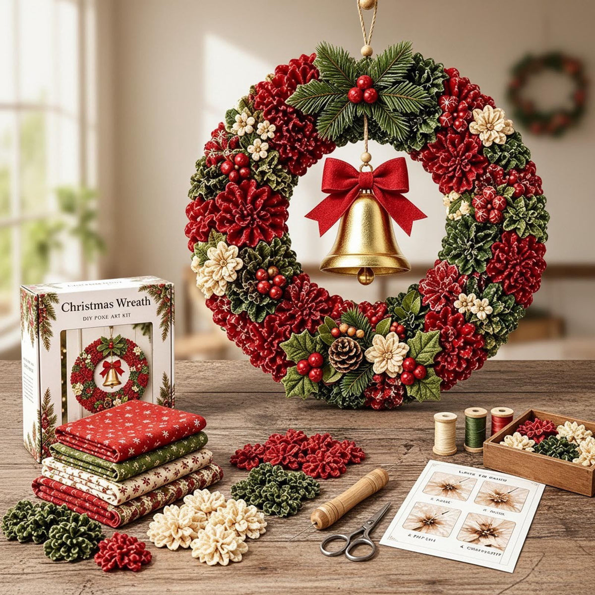 Clearance 3D Christmas Wreath Fabric Poke Art Kit, Jesus Poke Art Kits for Adults, Christmas Wreaths Ornament Making Kit for Front Door