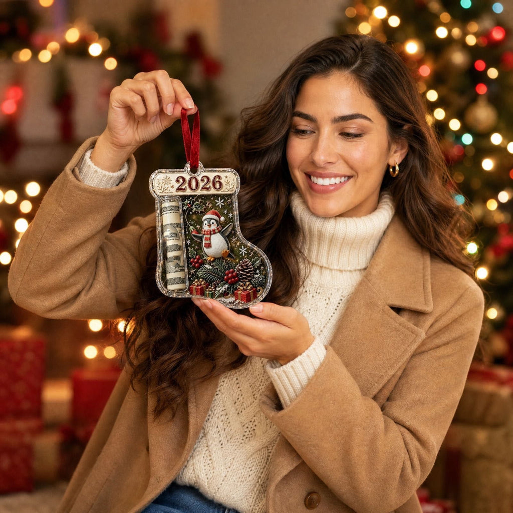 Christmas Cash Gift Stocking Shaped Ornament, Crystal-Clear Cash Holder Ornament with Xmas Stocking Design, Hanging Money Keepsake for Christmas Tree Wreath Garland, Surprise for Family Friends (F)