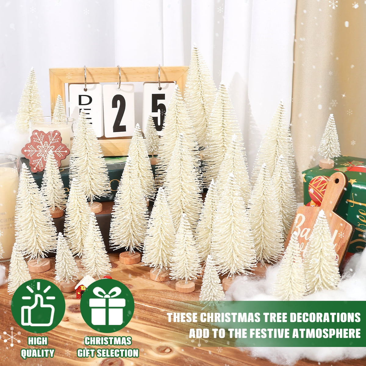 Ayieyill 30PCS Artificial Mini Christmas Trees, Upgrade Sisal Pine Trees with Wood Base Bottle Brush Trees for Christmas Table Top Decor(Green, Gold and Ivory)