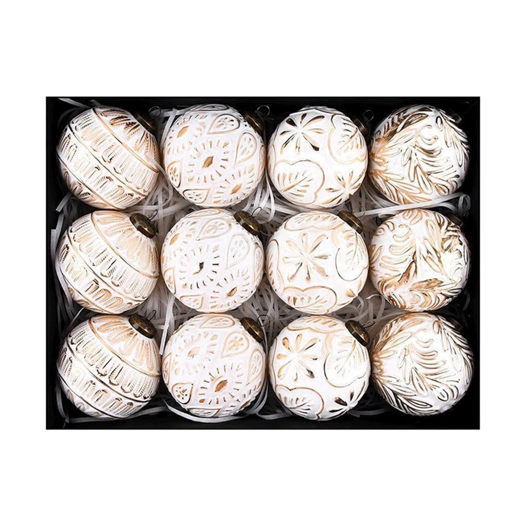 Christmas Ornaments, 12PCS White and Gold Embossed Christmas Balls Hanging Decorations for Tree Garland Wreath Indoor Outdoor Holiday Party Decor