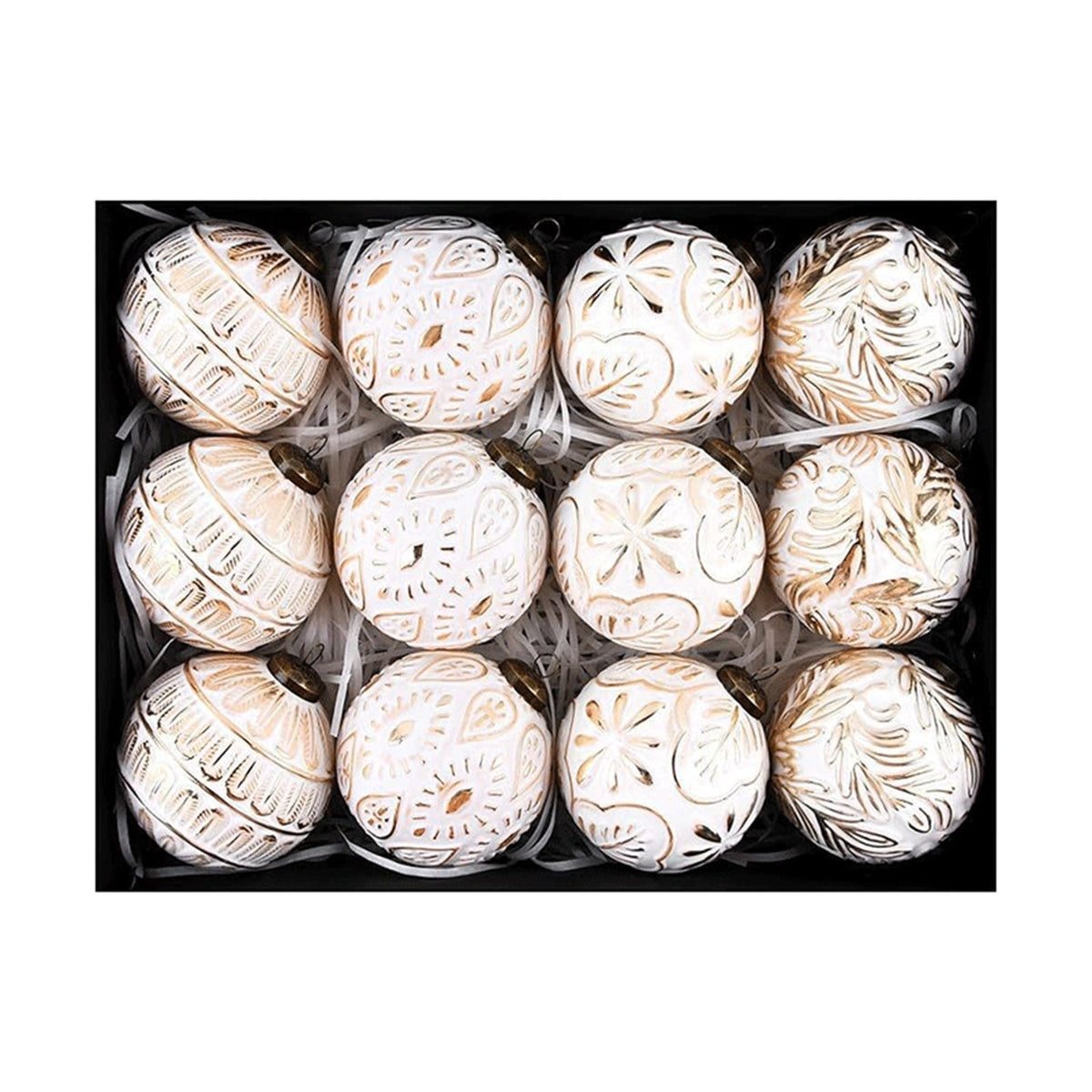 Christmas Ornaments, 12PCS White and Gold Embossed Christmas Balls Hanging Decorations for Tree Garland Wreath Indoor Outdoor Holiday Party Decor
